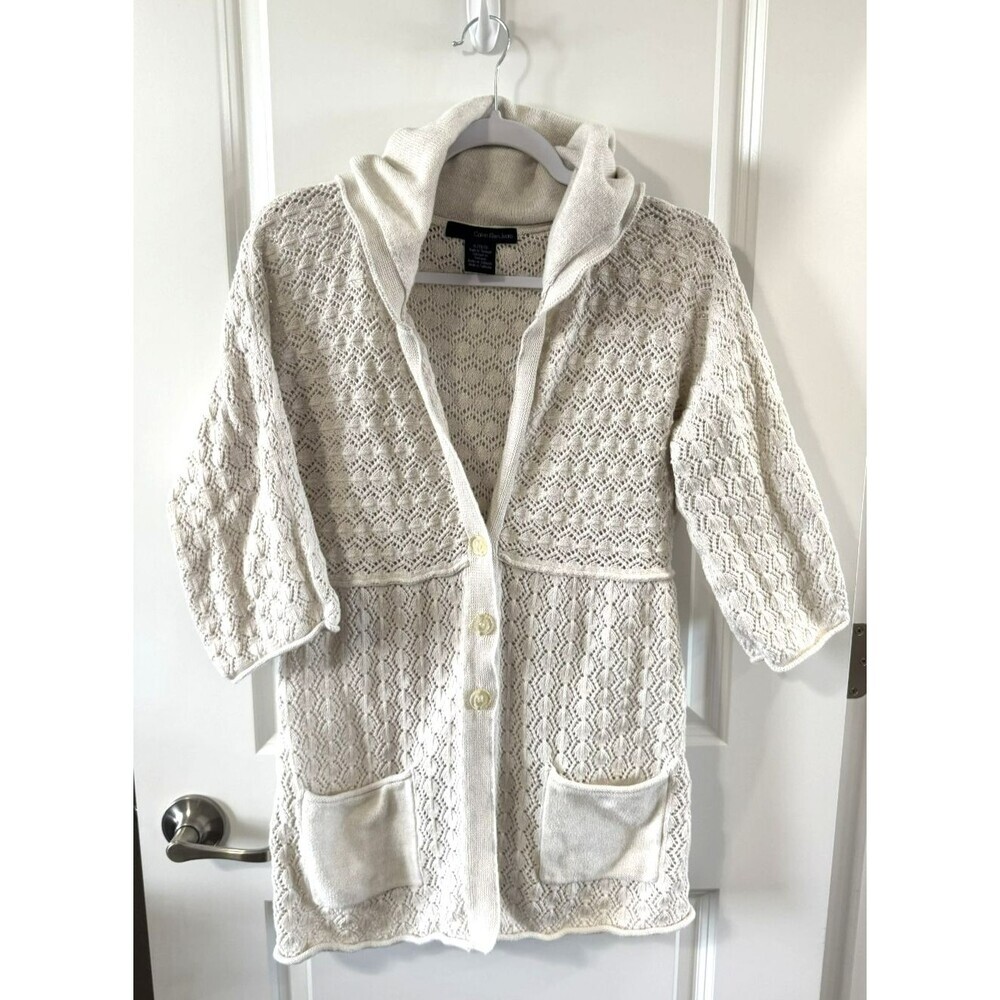 Calvin Klein Cream Knit Cardigan Sweater XL Hooded Button Up